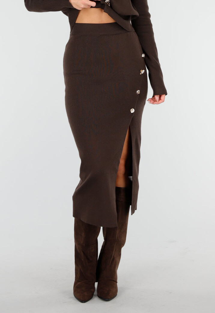 Bruin 2-Piece Set met Knopen en Midi Rok met Split
