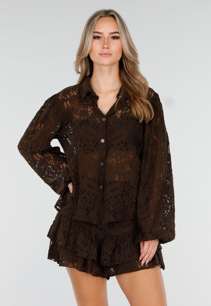 Donkerbruin Kanten Two Piece Set met Blouse en Short