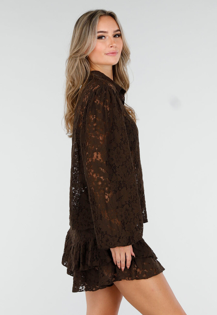 Donkerbruin Kanten Two Piece Set met Blouse en Short