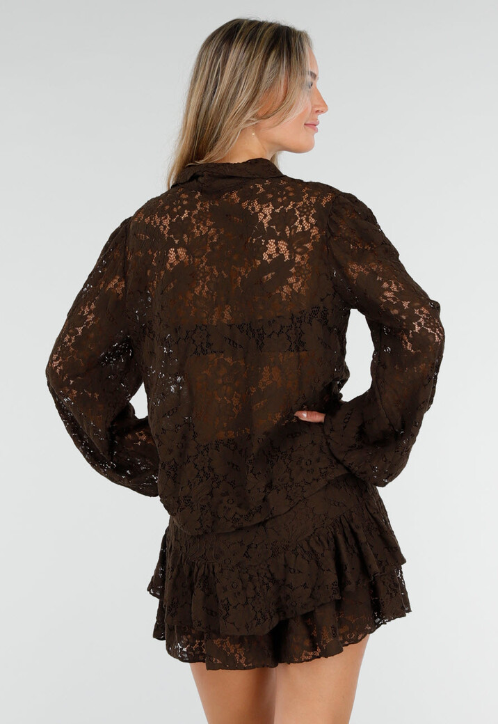 Donkerbruin Kanten Two Piece Set met Blouse en Short