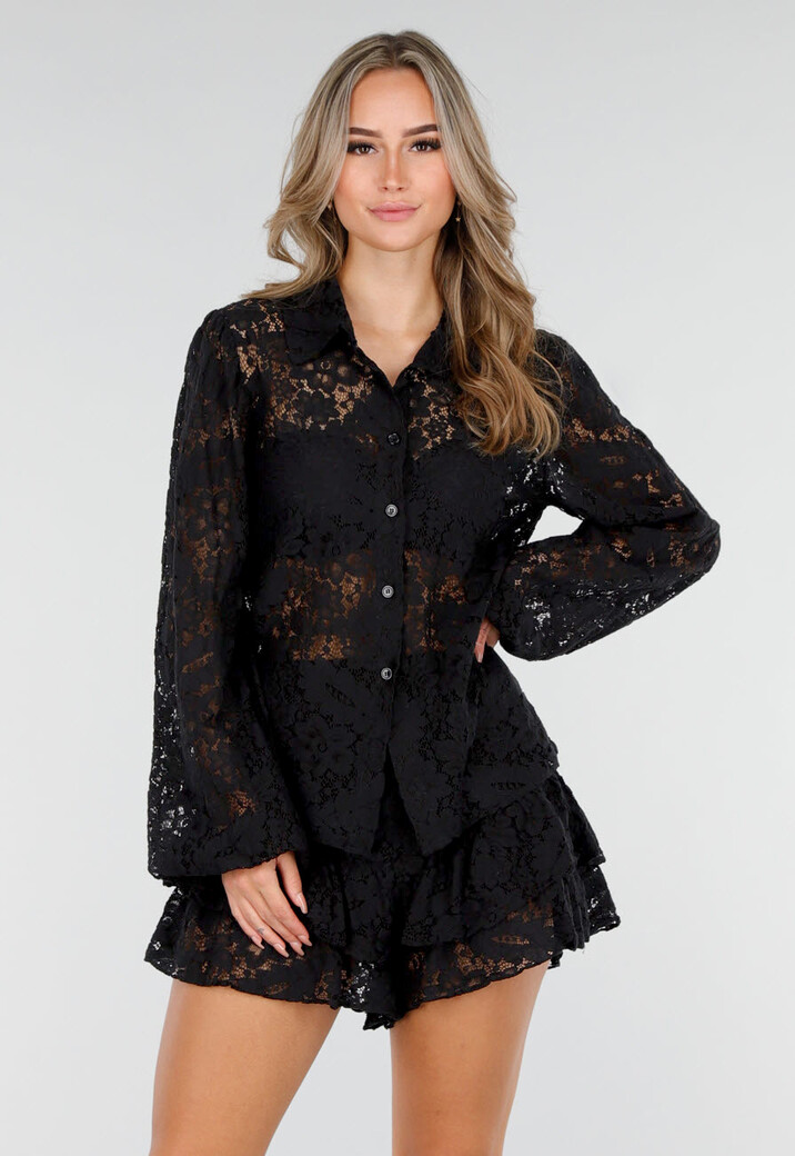 Zwart Kanten Two Piece Set met Blouse en Short