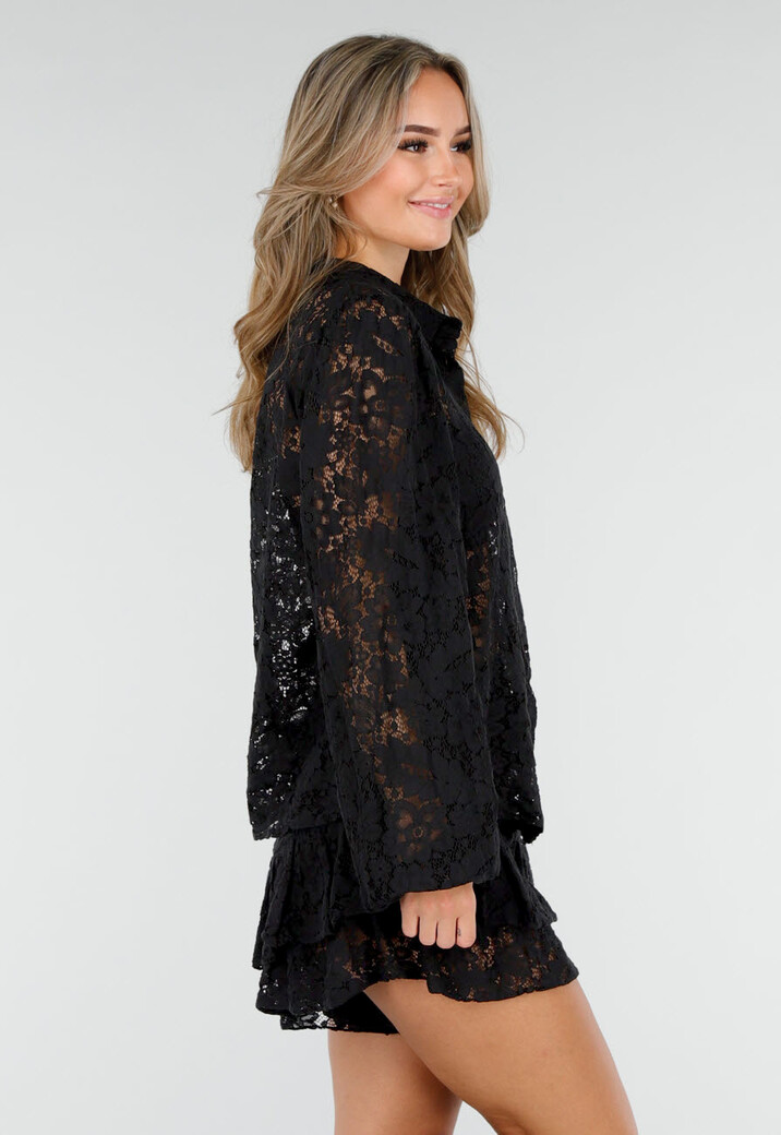 Zwart Kanten Two Piece Set met Blouse en Short