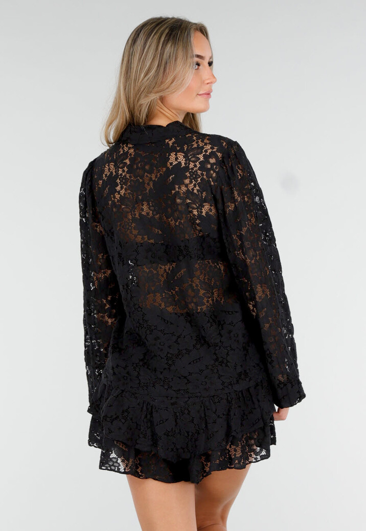 Zwart Kanten Two Piece Set met Blouse en Short