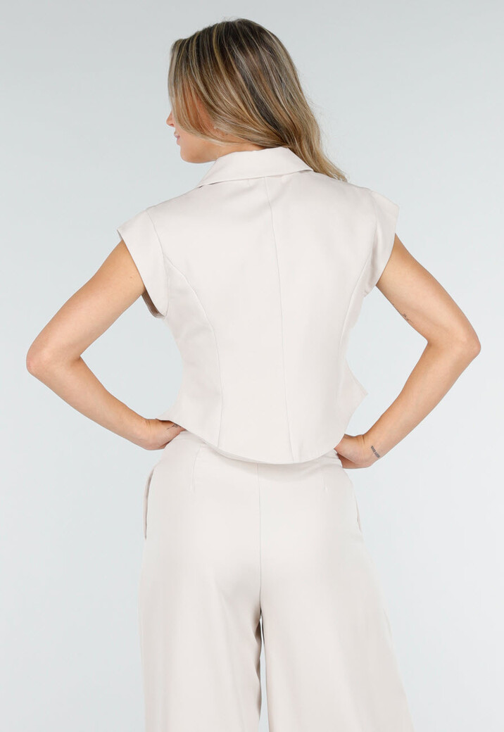 Beige Two Piece Set met Mouwloos Gilet en Plooibroek met Hoge Taille