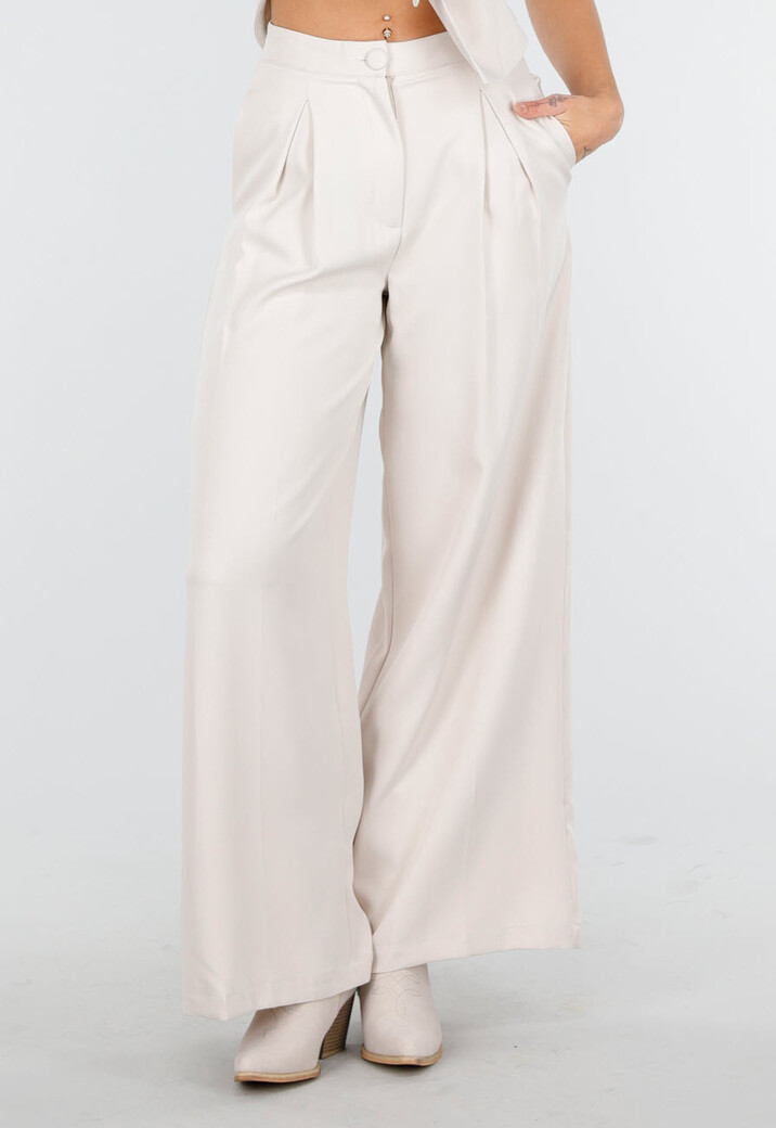 Beige Two Piece Set met Mouwloos Gilet en Plooibroek met Hoge Taille