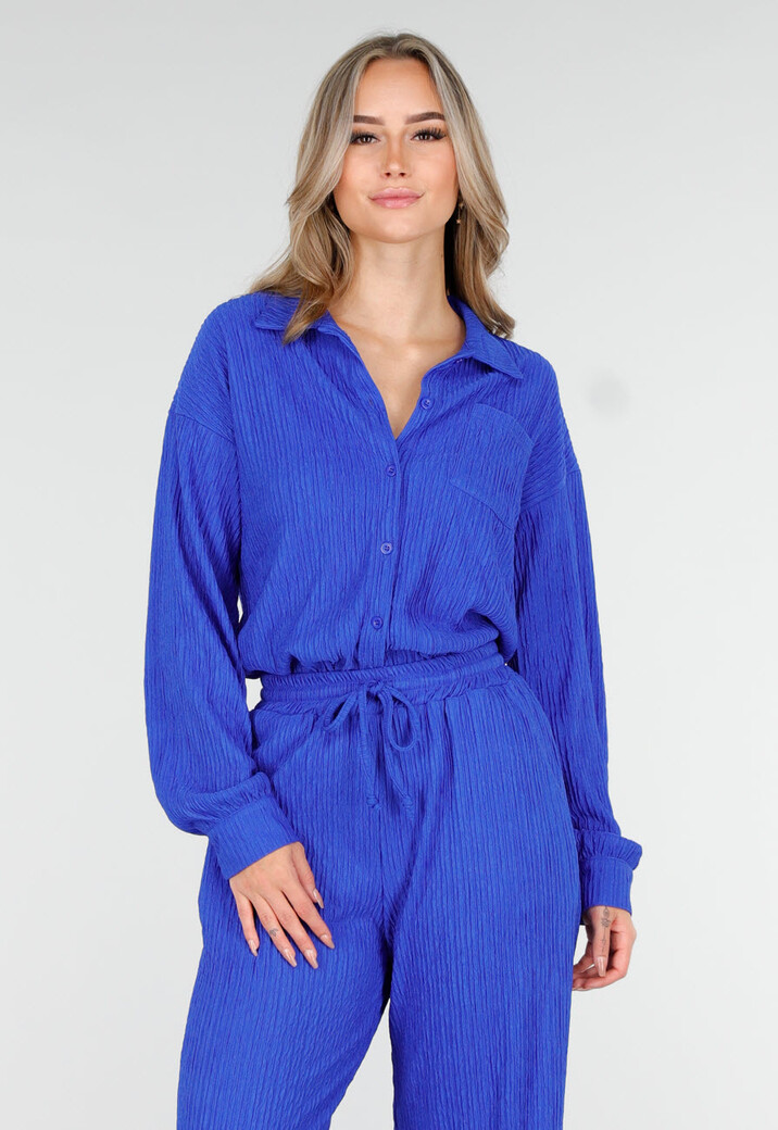 Kobaltblauwe Two Piece Set met Stretch Blouse en Rechte Broek