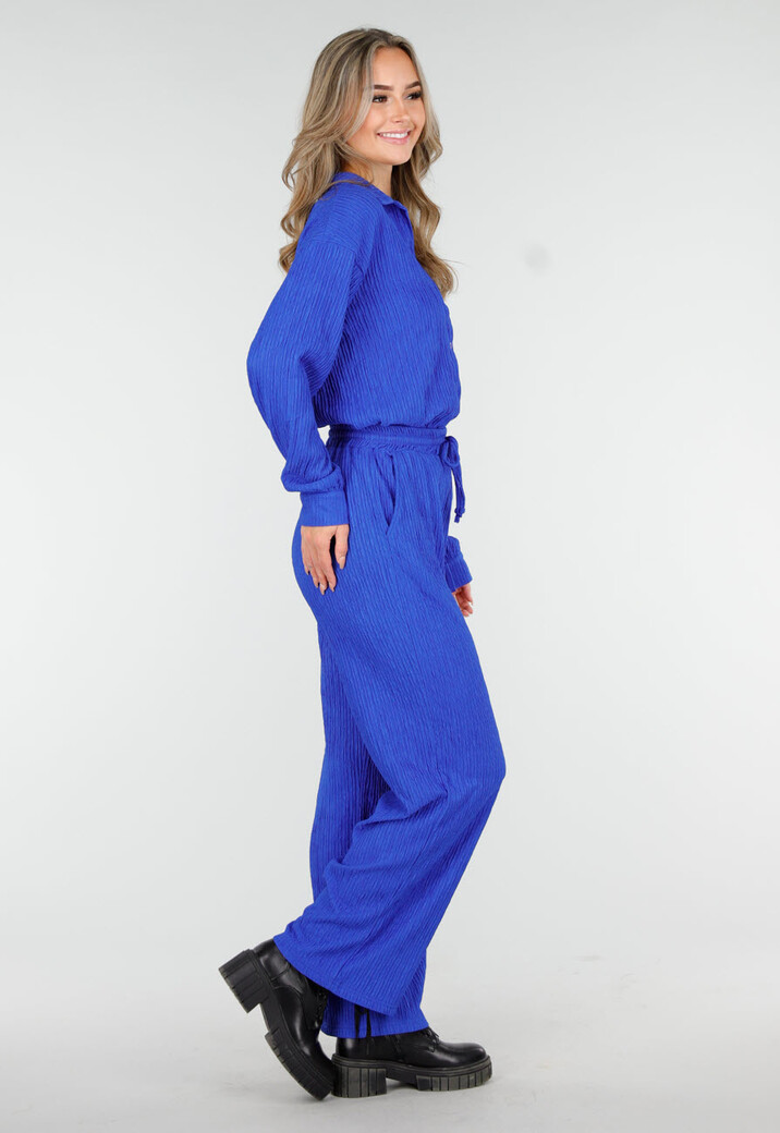Kobaltblauwe Two Piece Set met Stretch Blouse en Rechte Broek