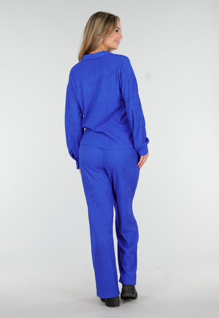 Kobaltblauwe Two Piece Set met Stretch Blouse en Rechte Broek