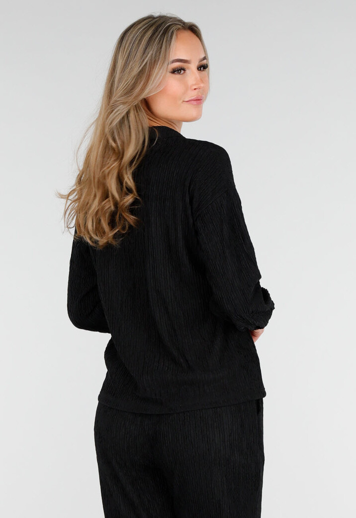 Zwarte Stretch Two Piece Set met Losvallende Blouse en Rechte Broek