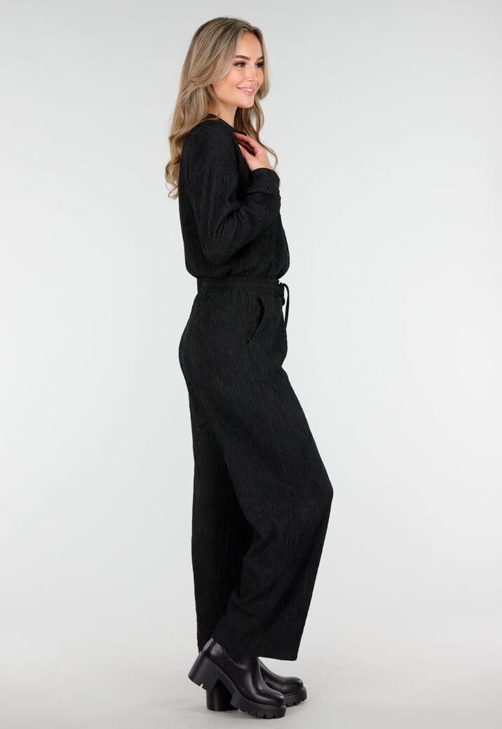 Zwarte Stretch Two Piece Set met Losvallende Blouse en Rechte Broek