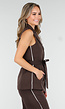 Donkerbruine Two Piece Set met Mouwloos Gilet en Rechte Broek met Witte Strepen