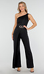 Zwarte One Shoulder Jumpsuit met Gouden Riem en Rechte Pijpen
