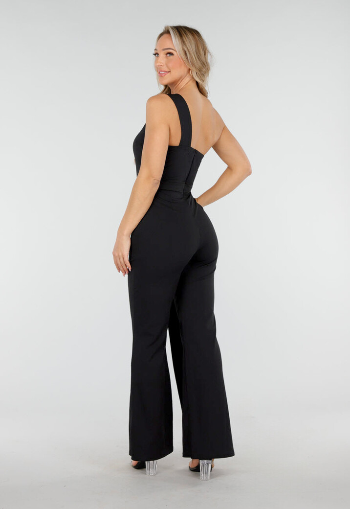 Zwarte One Shoulder Jumpsuit met Gouden Riem en Rechte Pijpen