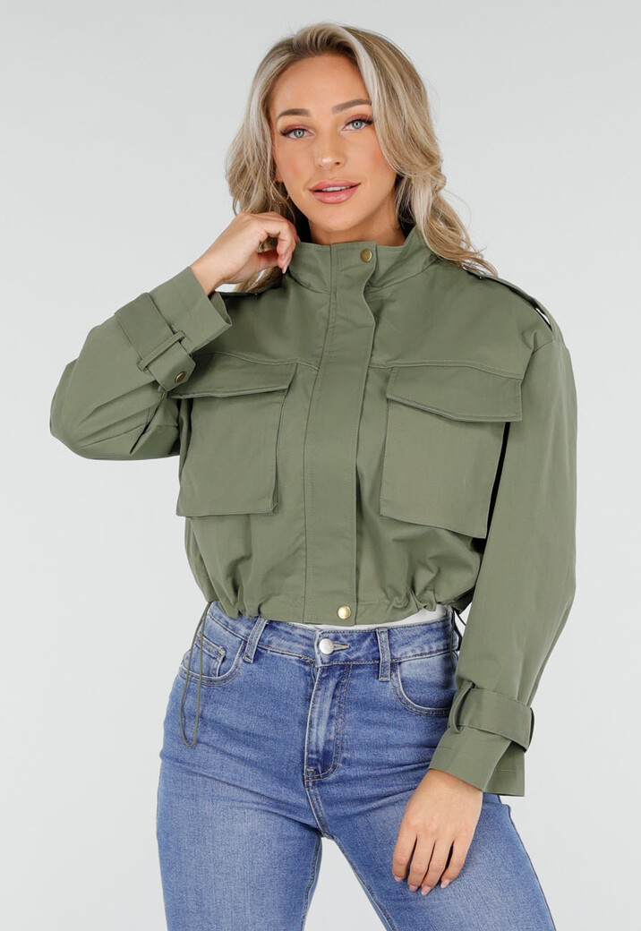 Groene Cropped Utility Jas met Grote Zakken