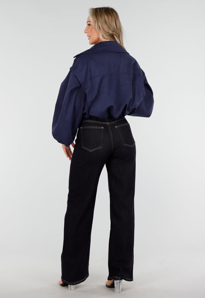 Navy Korte Suède Trenchcoat met Pofmouwen