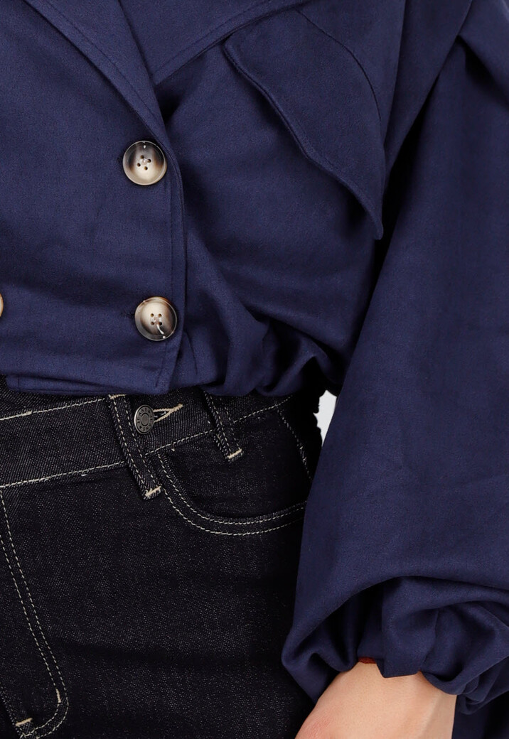 Navy Korte Suède Trenchcoat met Pofmouwen