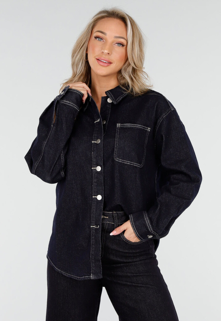 Donkerblauwe Denim Blouse met Lange Mouwen en Knopen