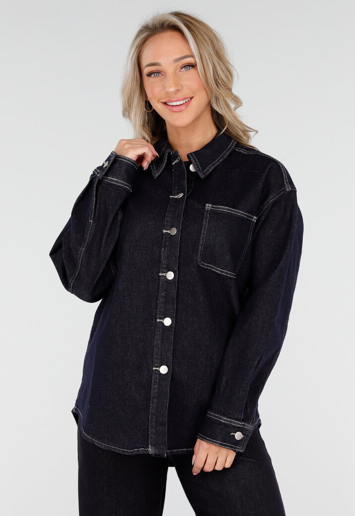 Donkerblauwe Denim Blouse met Lange Mouwen en Knopen