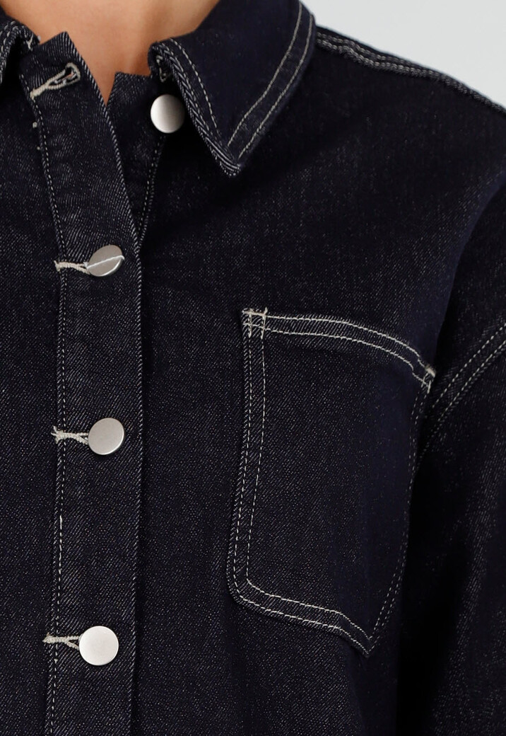 Donkerblauwe Denim Blouse met Lange Mouwen en Knopen