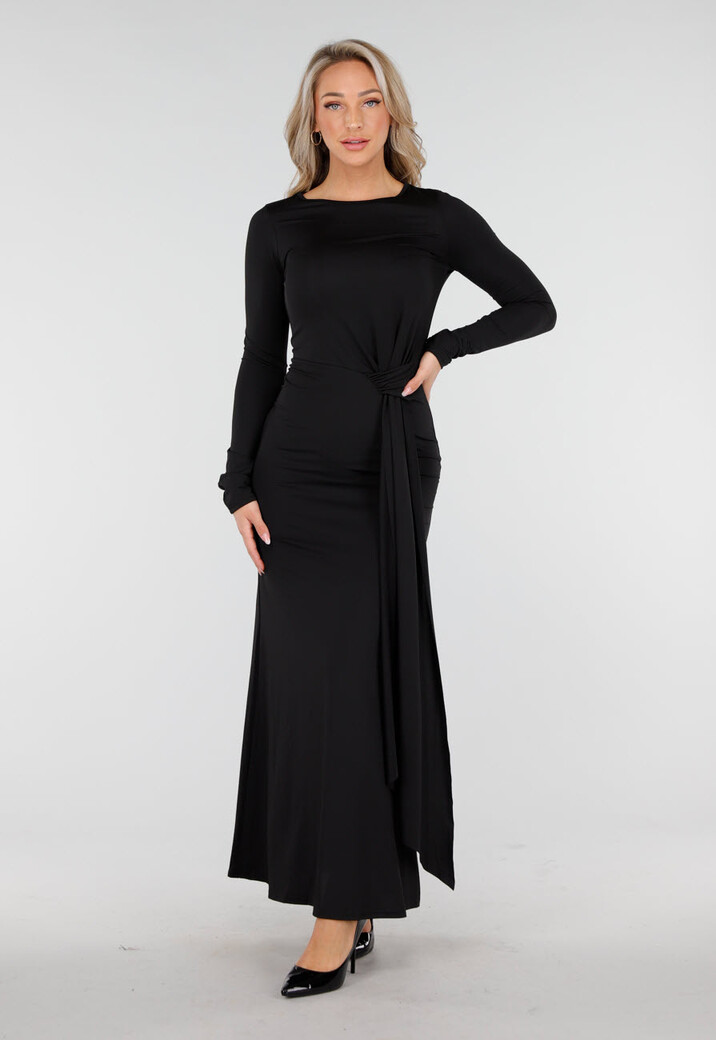 Zwarte Lange Jurk met Strikdetail en Lange Mouwen