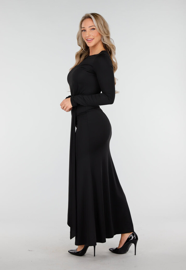 Zwarte Lange Jurk met Strikdetail en Lange Mouwen