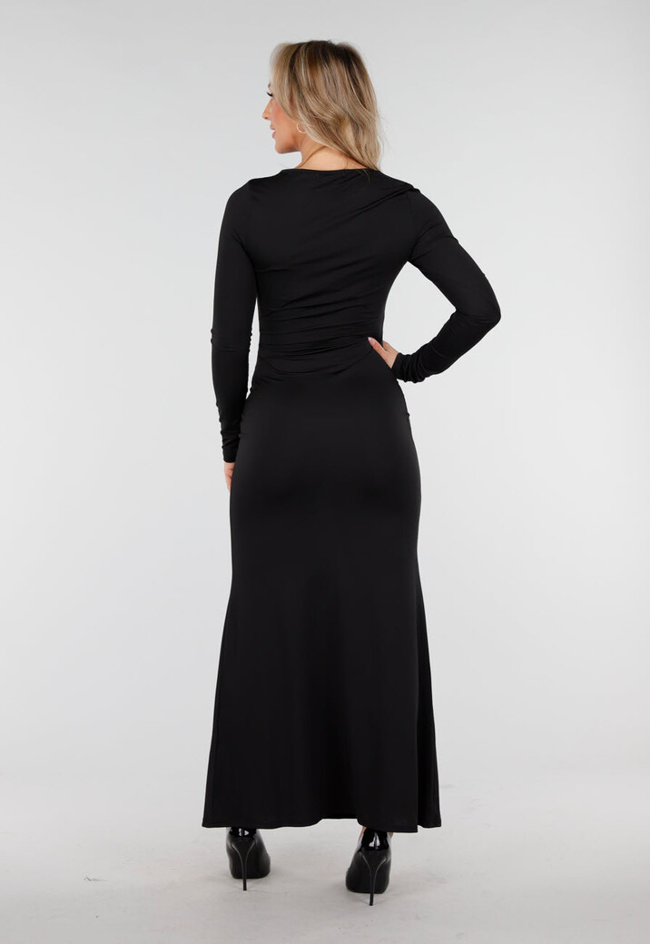 Zwarte Lange Jurk met Strikdetail en Lange Mouwen