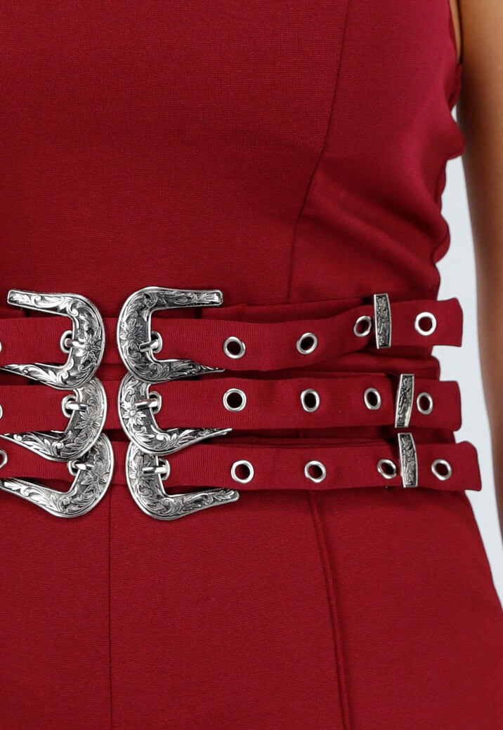 Bordeauxrode Strapless Jumpsuit met Gespen en Rechte Pijpen