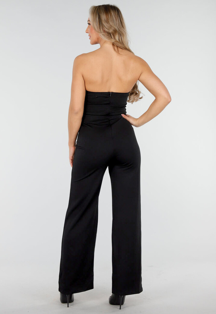 Zwarte Strapless Jumpsuit met Gespen en Rechte Pijpen