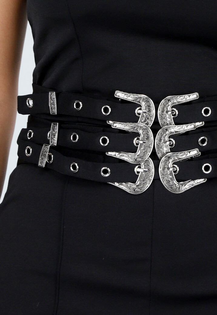 Zwarte Strapless Jumpsuit met Gespen en Rechte Pijpen