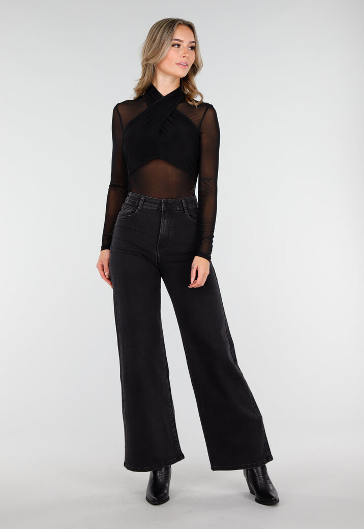 Zwarte High Waist Jeans met Wide Leg en Rechte Pijpen