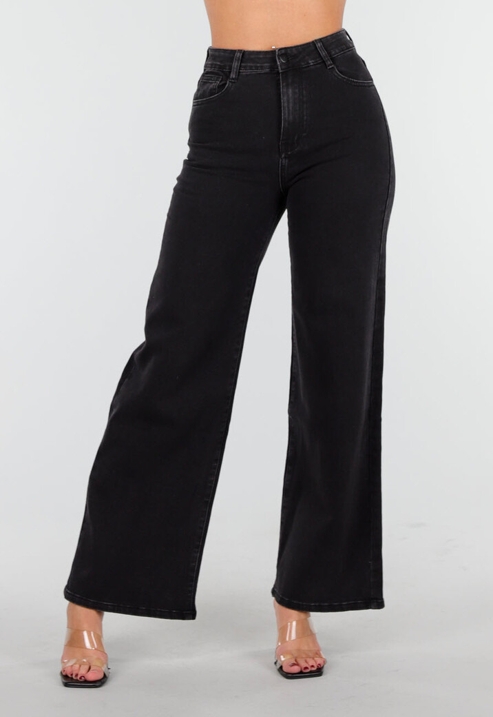 Zwarte High Waist Jeans met Wide Leg en Rechte Pijpen