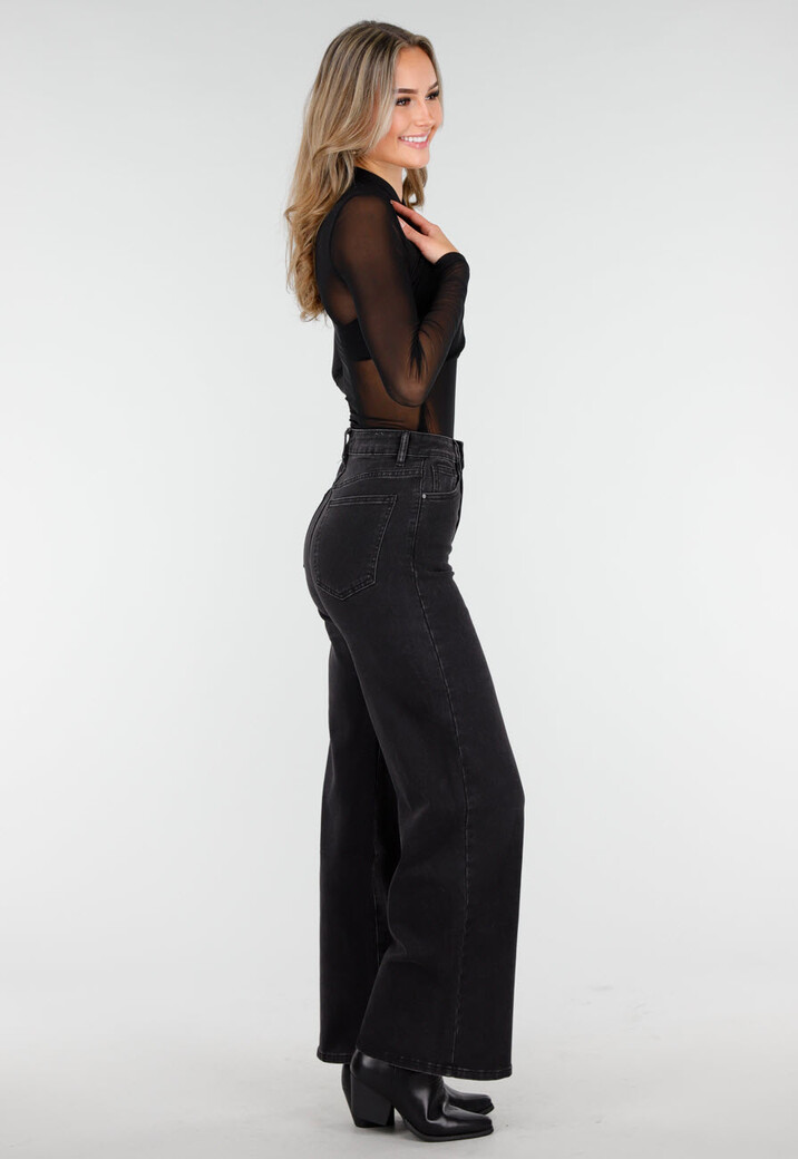 Zwarte High Waist Jeans met Wide Leg en Rechte Pijpen
