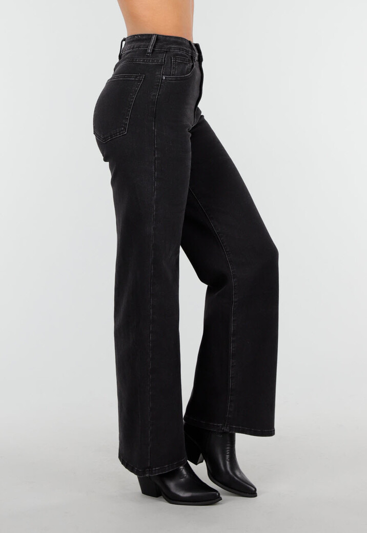 Zwarte High Waist Jeans met Wide Leg en Rechte Pijpen