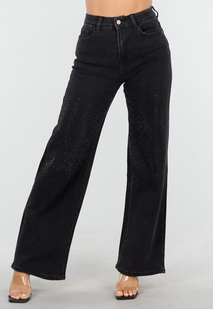 Zwarte High Waist Straight Leg Jeans met Strassteentjes