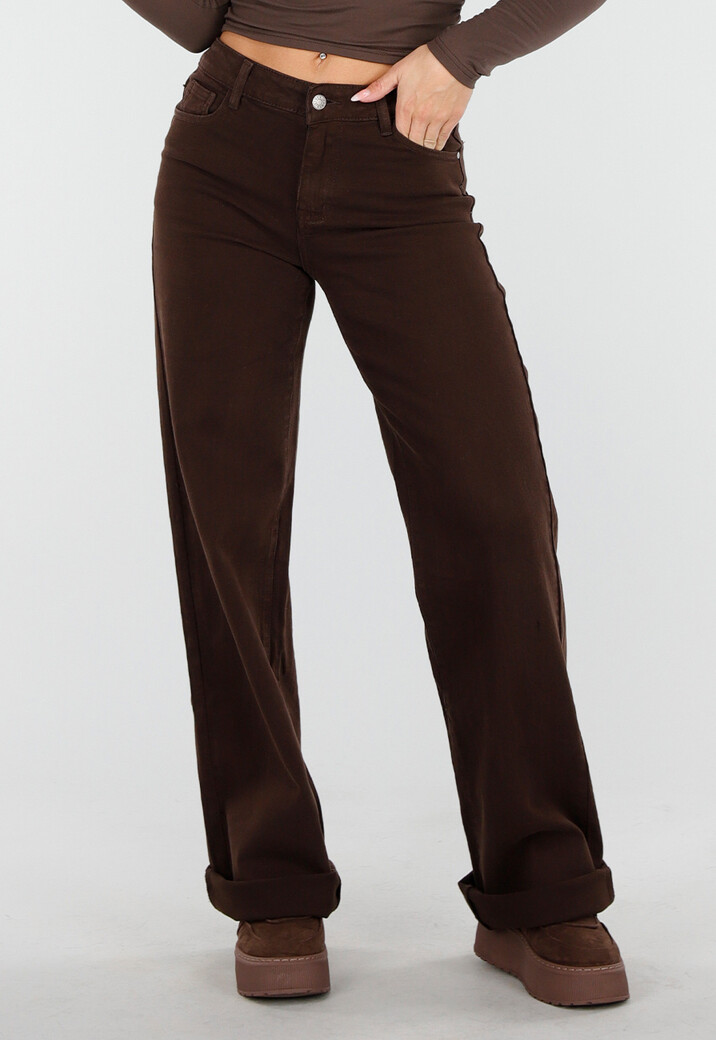 Bruine Straight Leg Stretch Jeans met Hoge Taille en Rechte Pijpen