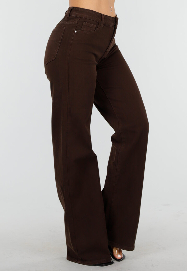 Bruine Straight Leg Stretch Jeans met Hoge Taille en Rechte Pijpen