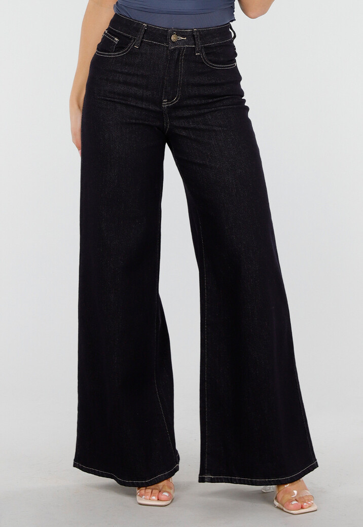 Donkerblauwe Flared Jeans met High Waist en Contrasterende Stiksels