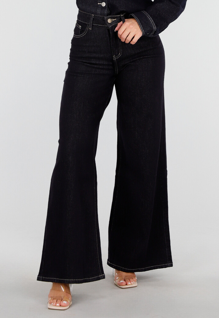 Donkerblauwe Flared Jeans met High Waist en Contrasterende Stiksels