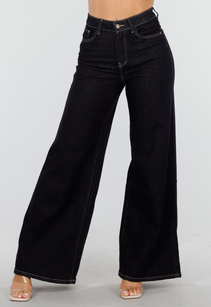 Donkerblauwe Flared Jeans met High Waist en Contrasterende Stiksels