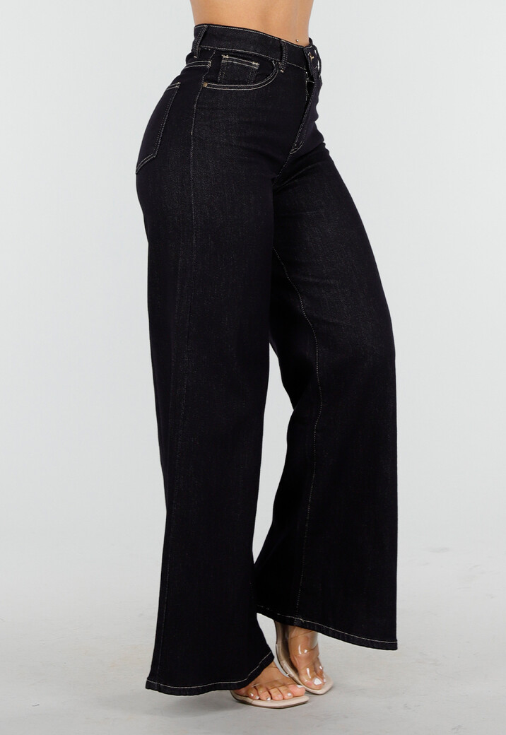 Donkerblauwe Flared Jeans met High Waist en Contrasterende Stiksels