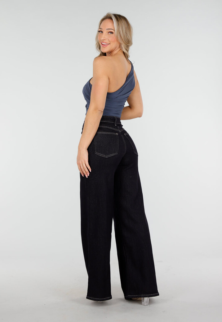 Donkerblauwe Flared Jeans met High Waist en Contrasterende Stiksels