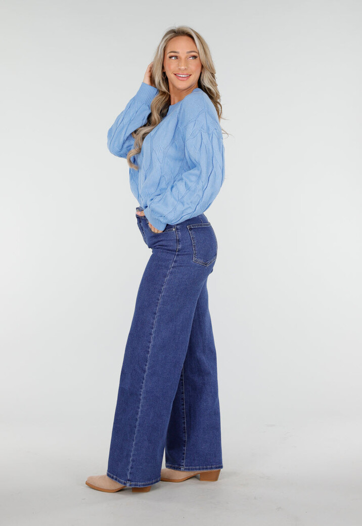 Blauwe Jeans met Hoge Taille en Wijde Rechte Pijpen