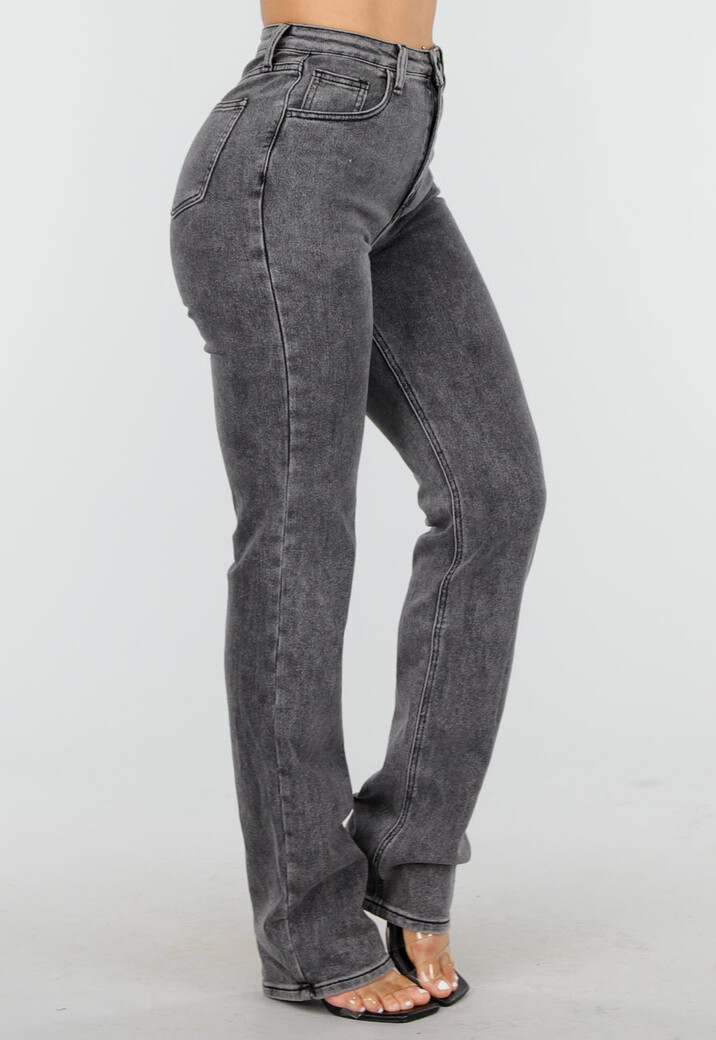 Grijze High Waist Straight Leg Stretch Jeans met Subtiele Wassing