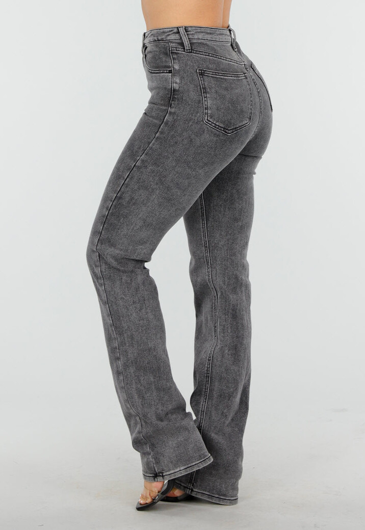 Grijze High Waist Straight Leg Stretch Jeans met Subtiele Wassing