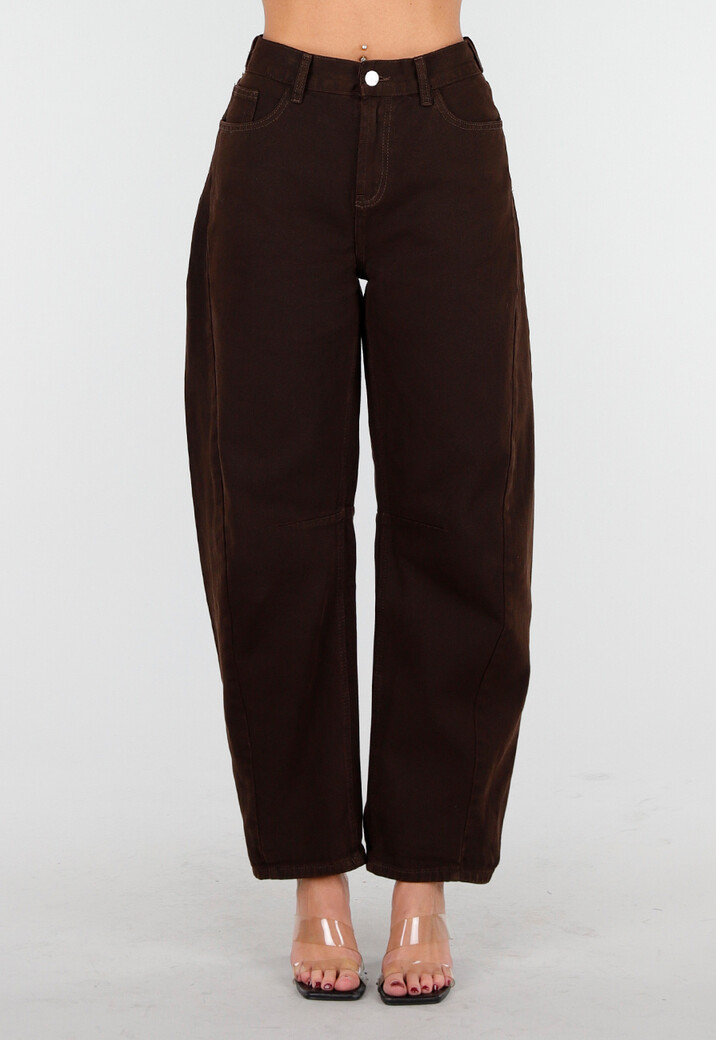 Donkerbruine High-Waist Loose Fit Tapered Broek met Steekzakken