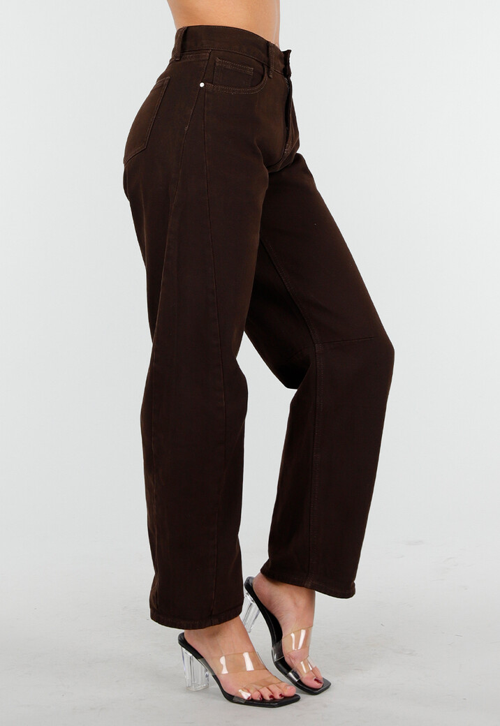 Donkerbruine High-Waist Loose Fit Tapered Broek met Steekzakken
