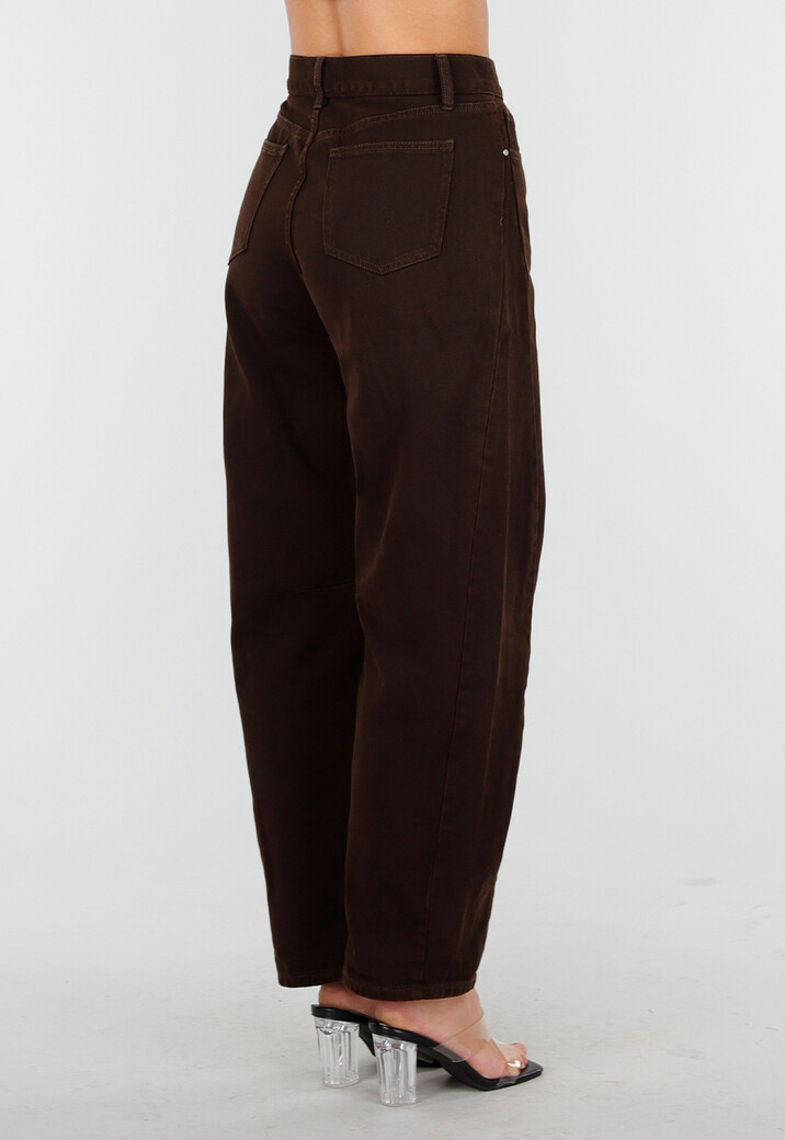 Donkerbruine High-Waist Loose Fit Tapered Broek met Steekzakken