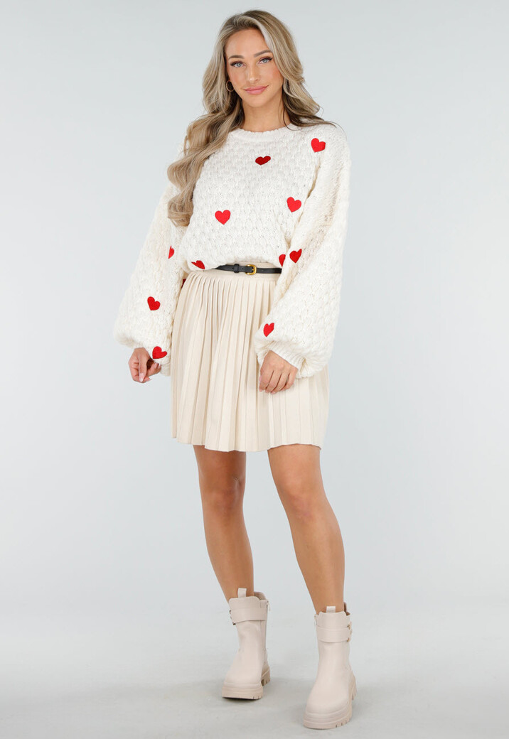 Beige Geplooide Plissé Rok met Riem