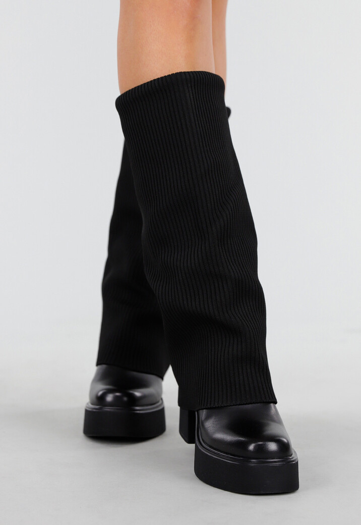 Zwarte Plateau Laarzen met Ribgebreide Schacht en Blokhak