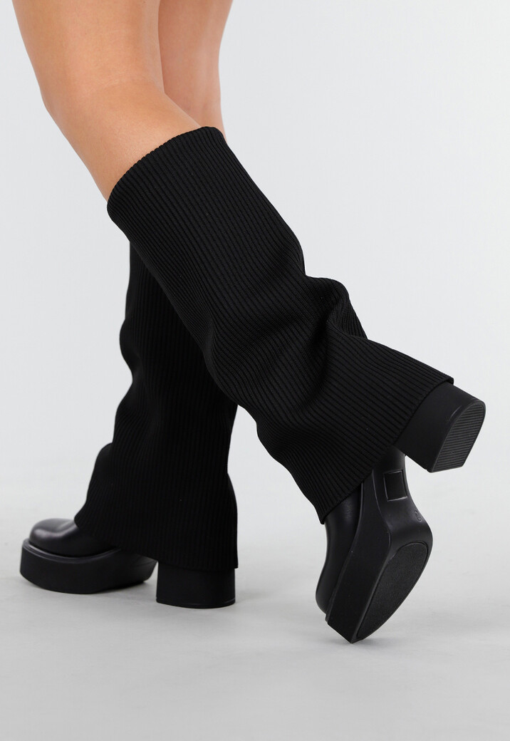 Zwarte Plateau Laarzen met Ribgebreide Schacht en Blokhak